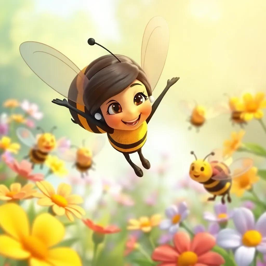 Bella flying happily towards other bees in the bright garden, with smiles and joy, surrounded by flowers, digital illustration, dynamic, inviting, colorful