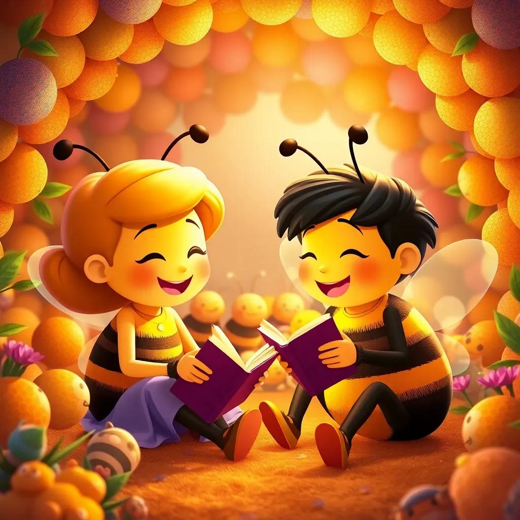 Bella and Leo happily sharing stories with other bees in their colorful hive, filled with love and laughter, warm light, heartwarming scene, child-friendly