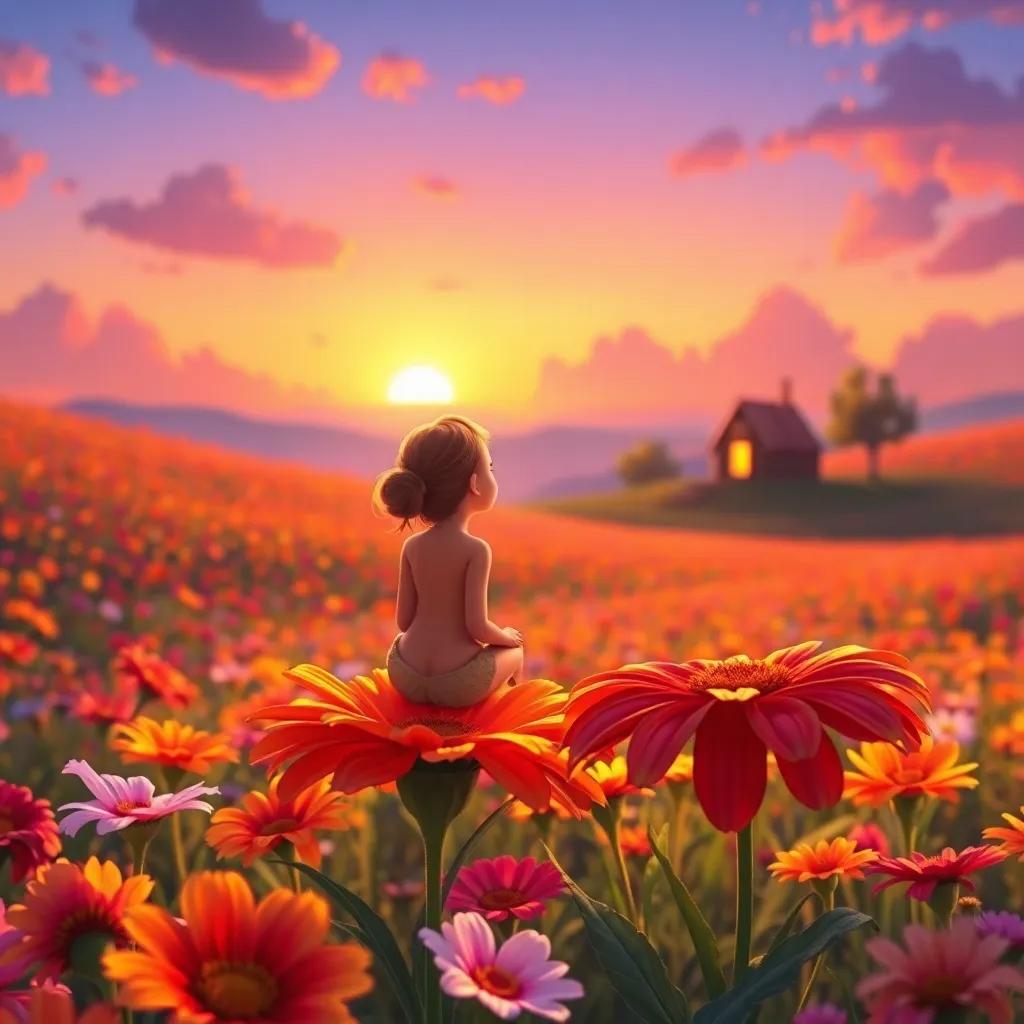 Bella sitting on a bright flower, eagerly looking towards her hive in the distance, realizing how special it is, colorful flower field, digital art, warm sunset light