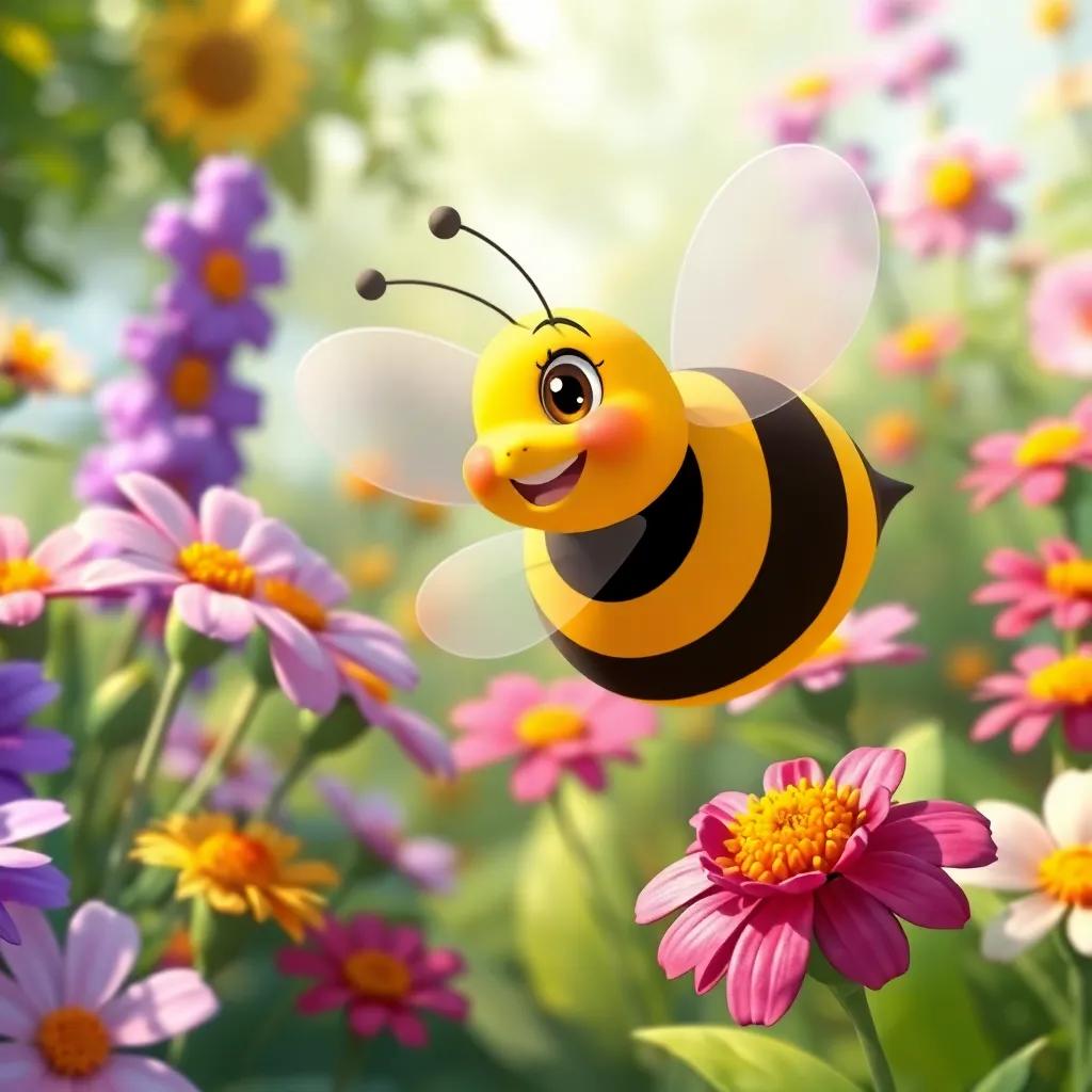 Bella the bee flying around the garden, weaving between flowers and flying home, with a smile of happiness, joyful colors, vibrant garden