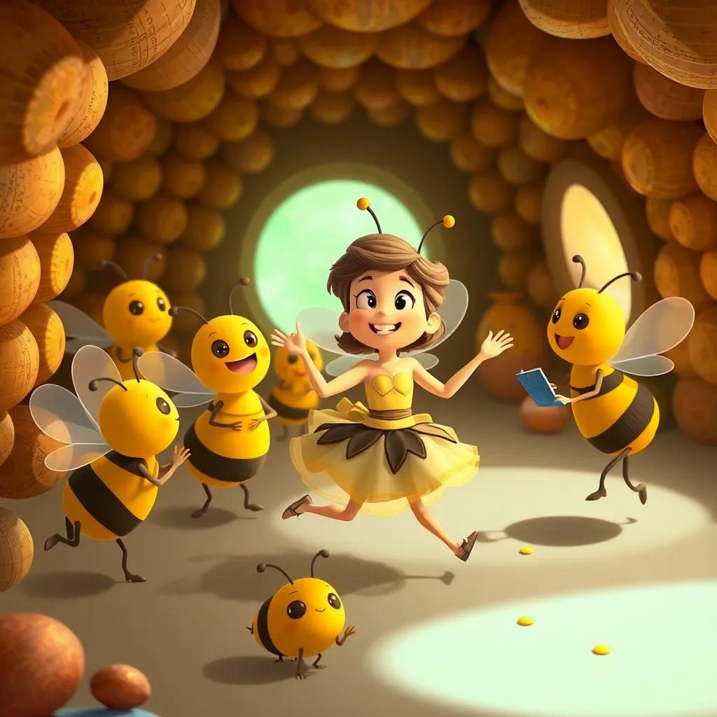 Bella dancing with her bee friends in the hive, sharing stories and laughter, bright and cheerful atmosphere, child-friendly, soft light