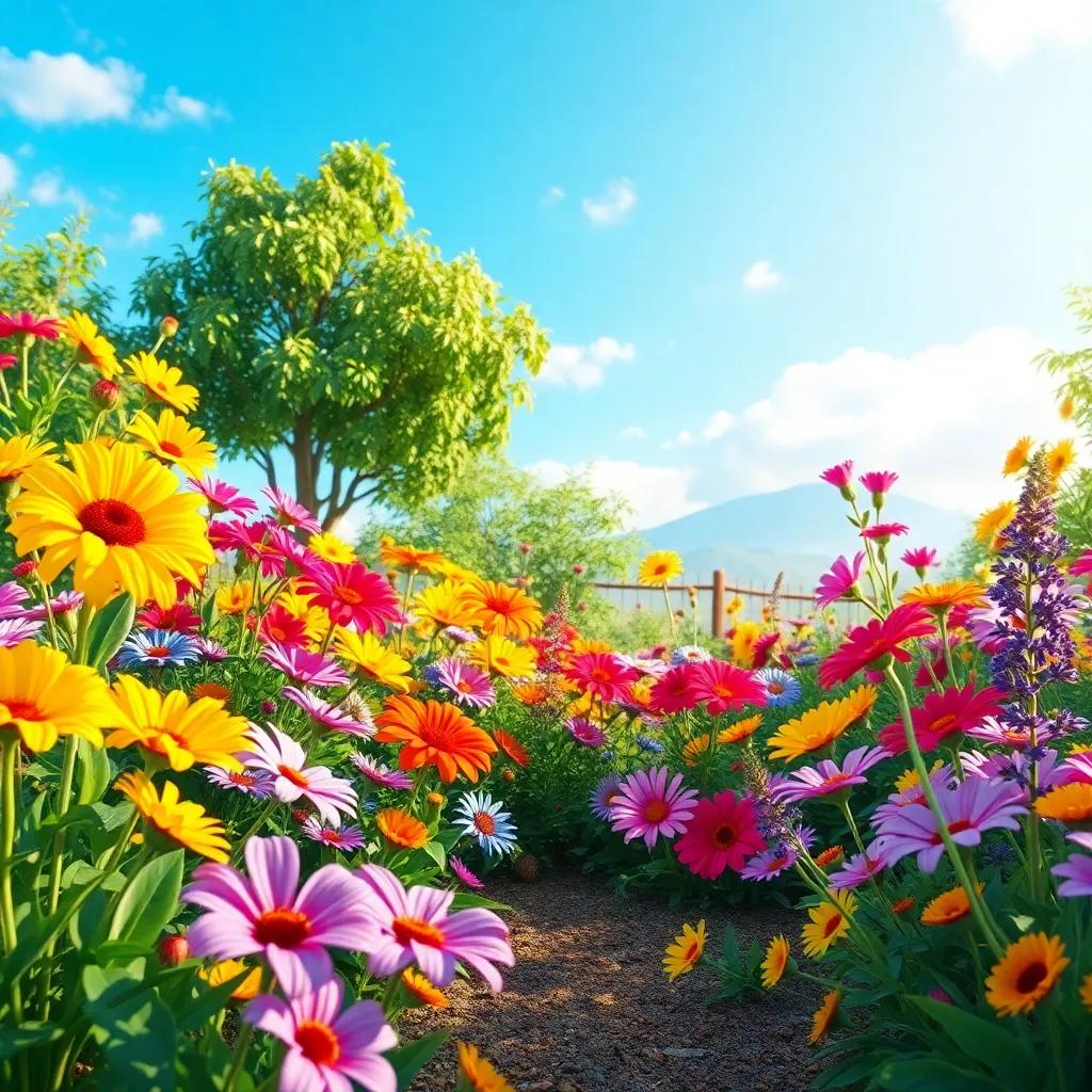 The colorful garden with vibrant flowers under a clear blue sky, creating a warm and inviting environment, perfect for children, joyful and bright scene