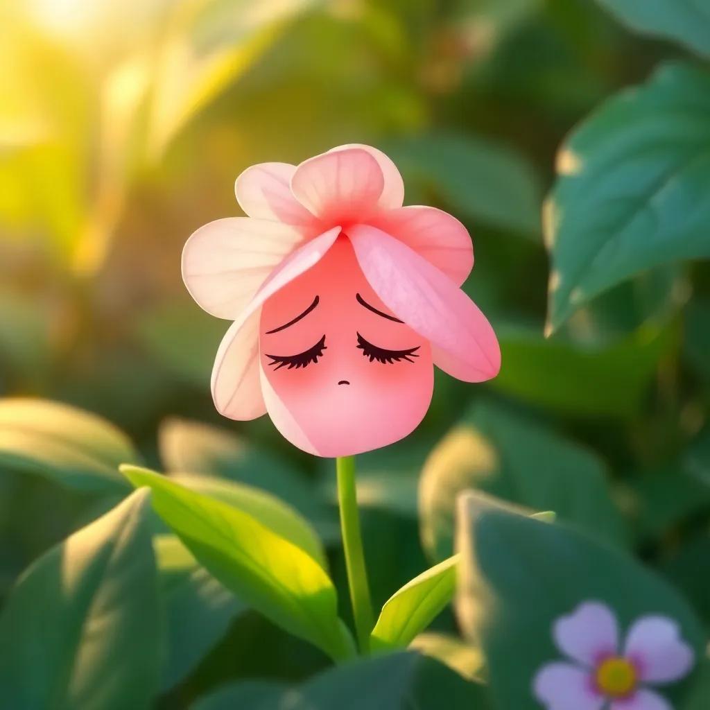 Lila, a small sad flower, with delicate pink petals, looking down, surrounded by green leaves in the garden, illustration, soft colors, warm light, child-friendly