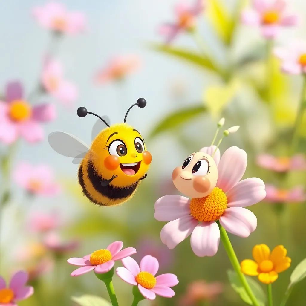 Bella the bee talking to Lila, the flower, in a friendly way, with Bella buzzing around joyfully and Lila still looking a bit unsure but curious, cheerful, colorful, inviting imagery