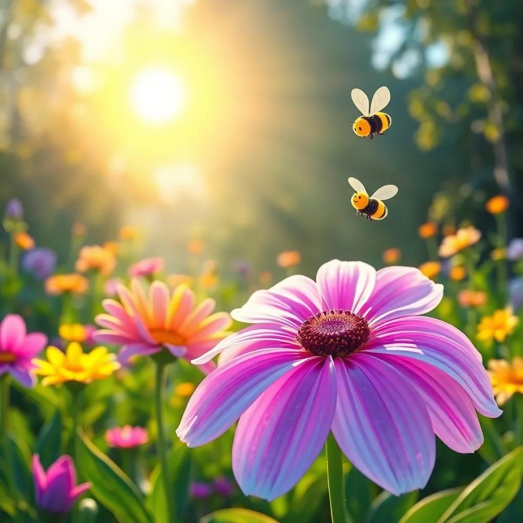 Lila, the flower with expanded petals, glowing in the sunlight, while Bella the bee dances joyfully around her, panoramic view of the garden with bright colors and inviting atmosphere, digital painting, uplifting