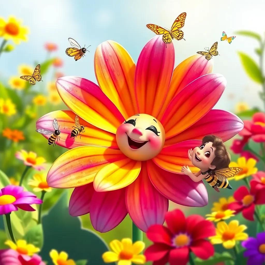 Lila, now a big beautiful flower with vibrant petals and a smile, surrounded by bees and butterflies, while Bella plays around, showing joy and happiness in the bright garden, colorful, heartwarming, vibrant imagery