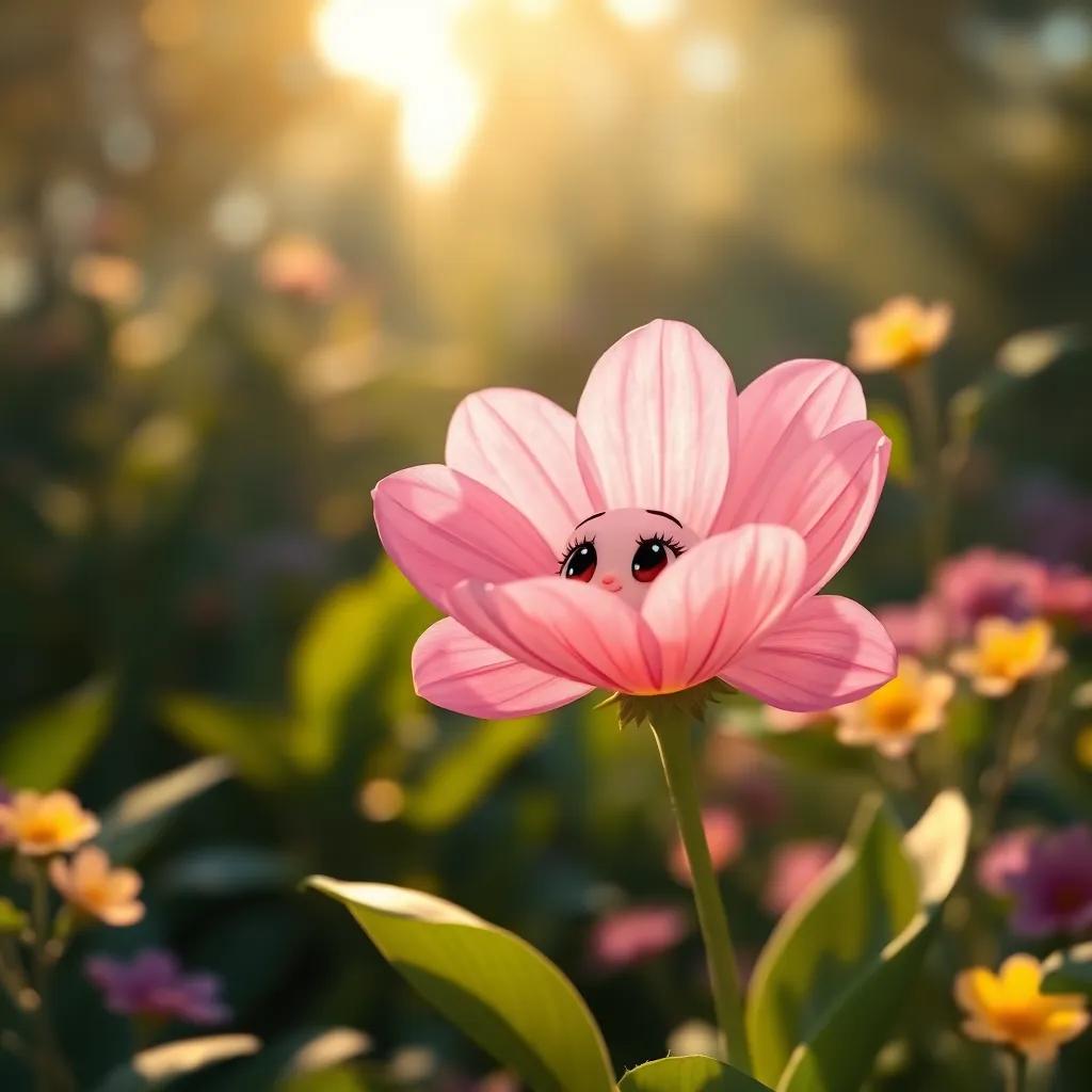 A beautiful flower named Lila, with soft pink petals and a childlike face, sitting in the garden sun, looking pensive and dreamy, digital painting, warm light, serene surroundings, enchanting view, high resolution