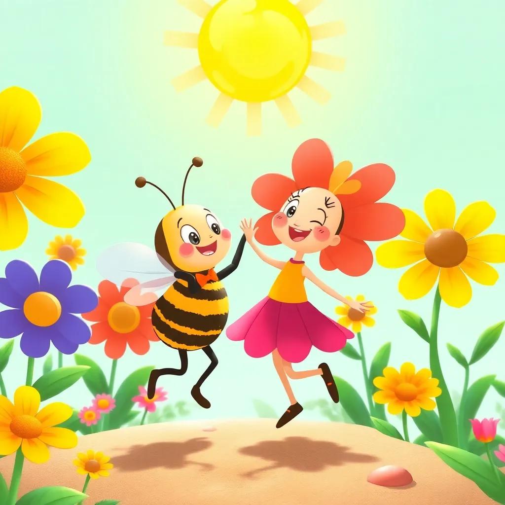 Bibi the bee and Lila the flower dancing together under the bright sun, surrounded by other large, colorful flowers, illustration, joyful scene, sunny day, cheerful colors, engaging perspective, high quality