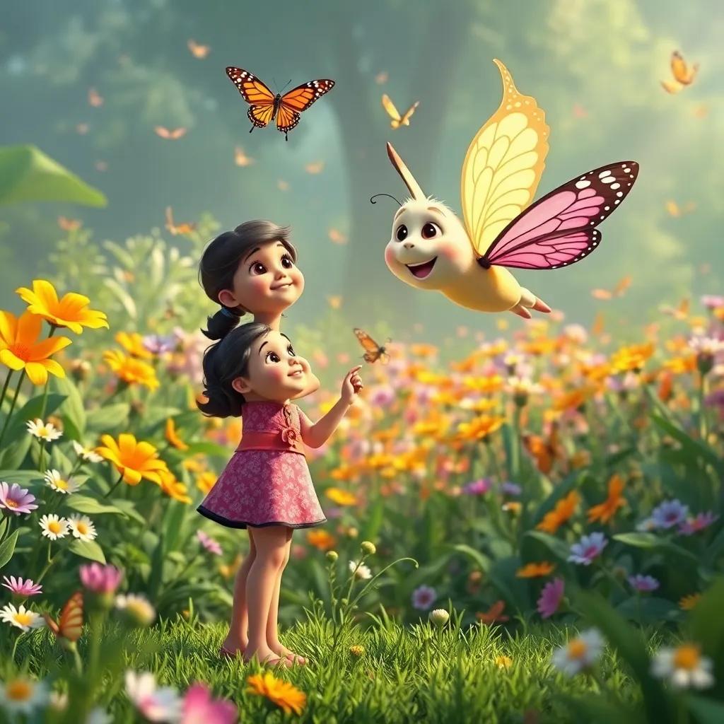 Lila beginning to grow taller as Bibi flies excitedly around her, showing Lila the vast garden filled with butterflies and greenery, digital art, uplifting atmosphere, lively colors, wondrous perspective, high resolution