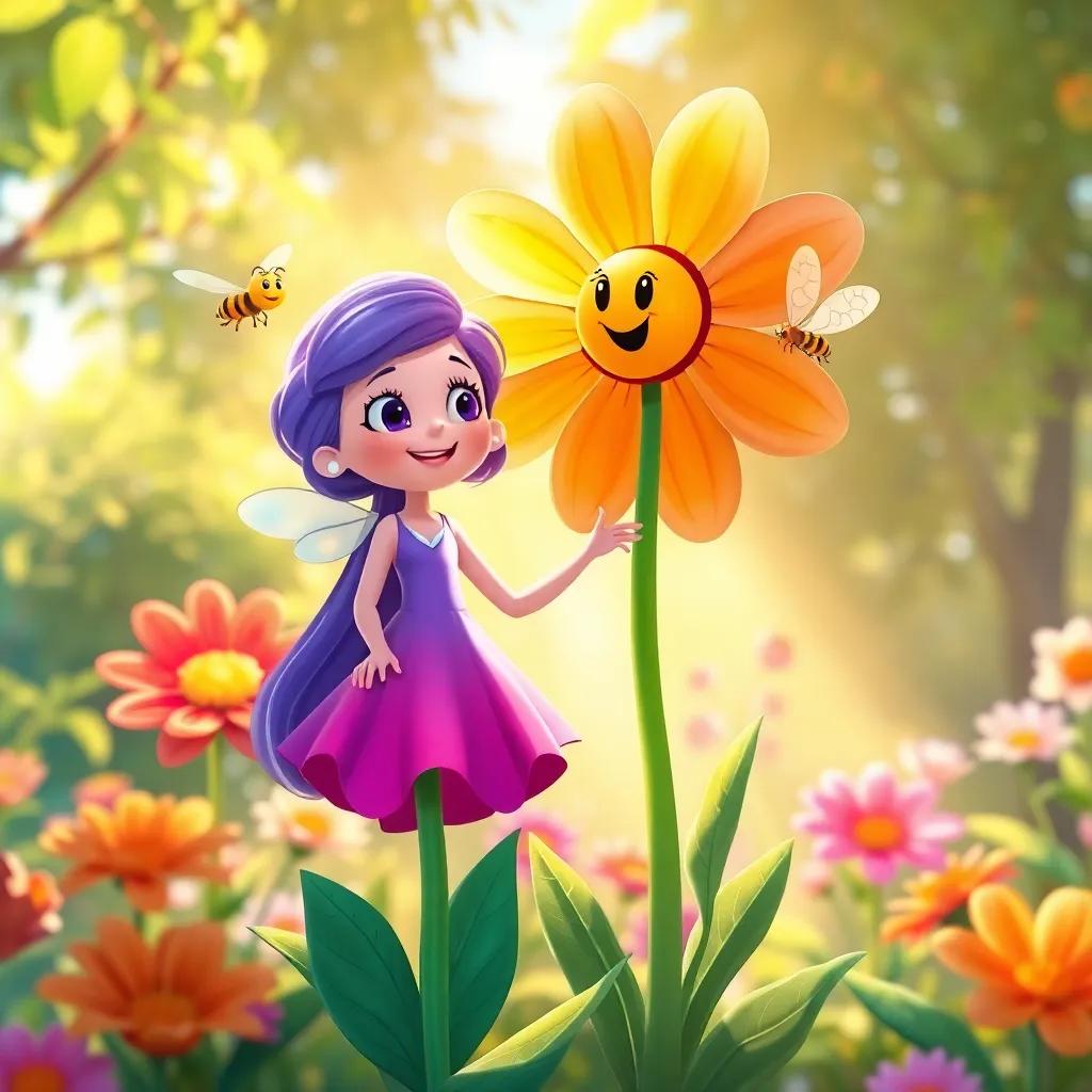 Lila now a tall flower, proudly standing in a sunny garden, with Bibi buzzing happily around her, and other flowers in the background swaying in the breeze, illustration, vibrant colors, celebratory scene, beautiful lighting, high quality