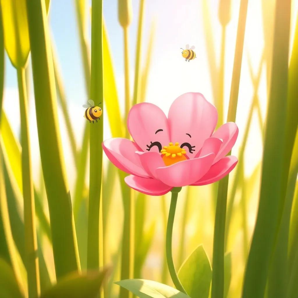 Flora, a small pink flower with bright petals, looking shy and small among tall green stems, Lila the bee buzzing nearby, warm sunlight, friendly and inviting scene, detailed illustration, child-friendly
