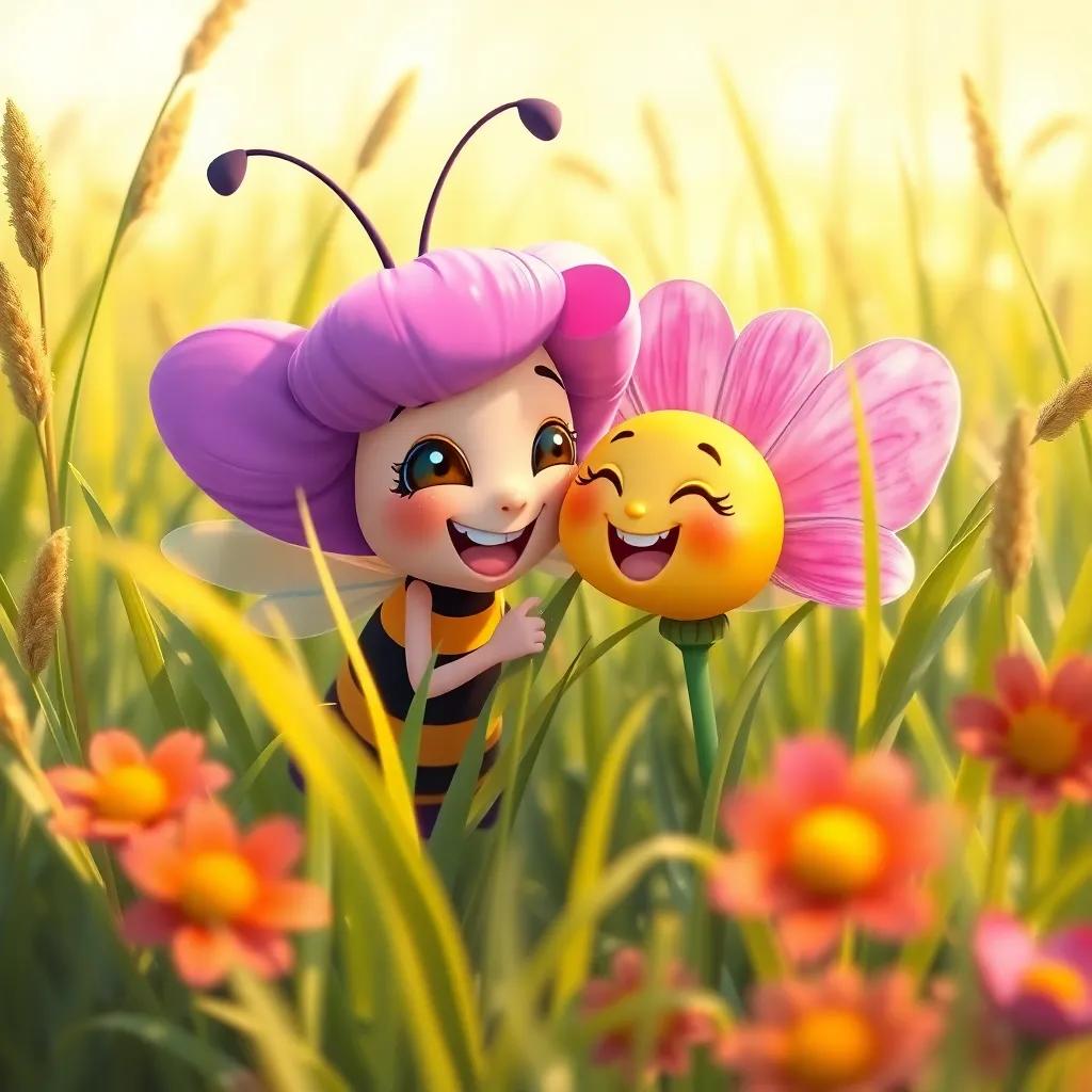 Lila the bee and Flora the flower playing hide and seek among tall grass, laughter in the air, vibrant colors, sunny day, playful atmosphere, digital painting, joyful feeling