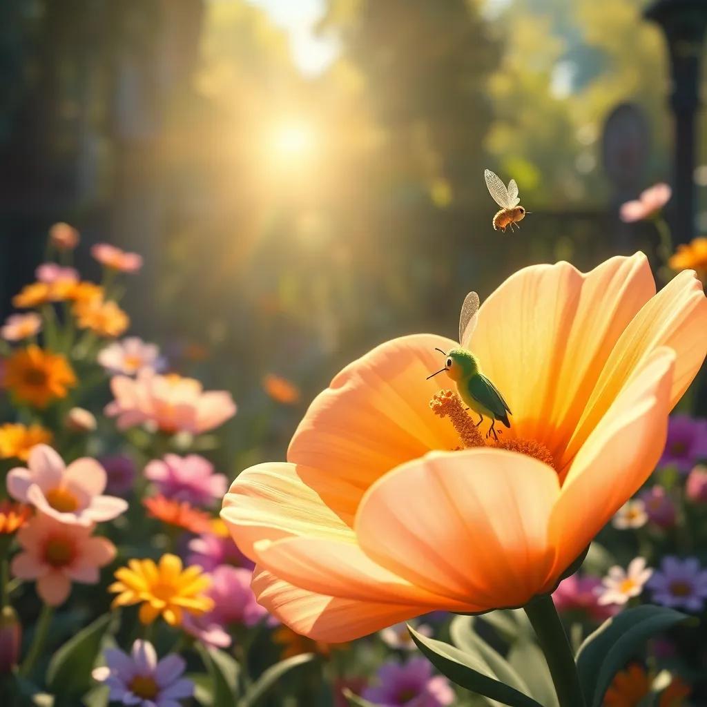 Flora, now a big blooming flower, sparkling in the sunlight with Lila buzzing around joyfully, surrounded by a garden filled with other flowers, heartwarming scene, full of life, detailed digital art