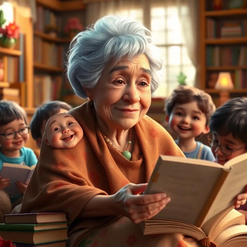 An elderly woman, an abuela, with silver hair, wearing a floral shawl, sitting in a cozy, warm room filled with books, storytelling to excited children, soft light, inviting atmosphere, child-friendly, high quality