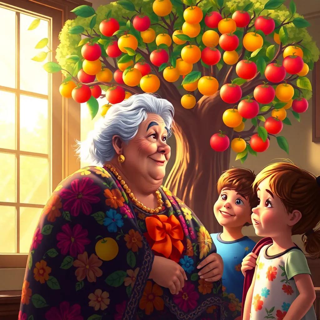 An abuela, with silver hair, wearing a floral shawl, describing a giant tree filled with bright fruits of love and friendship, colorful and vibrant colors, warm sunlight streaming through the window, joyful children listening intently