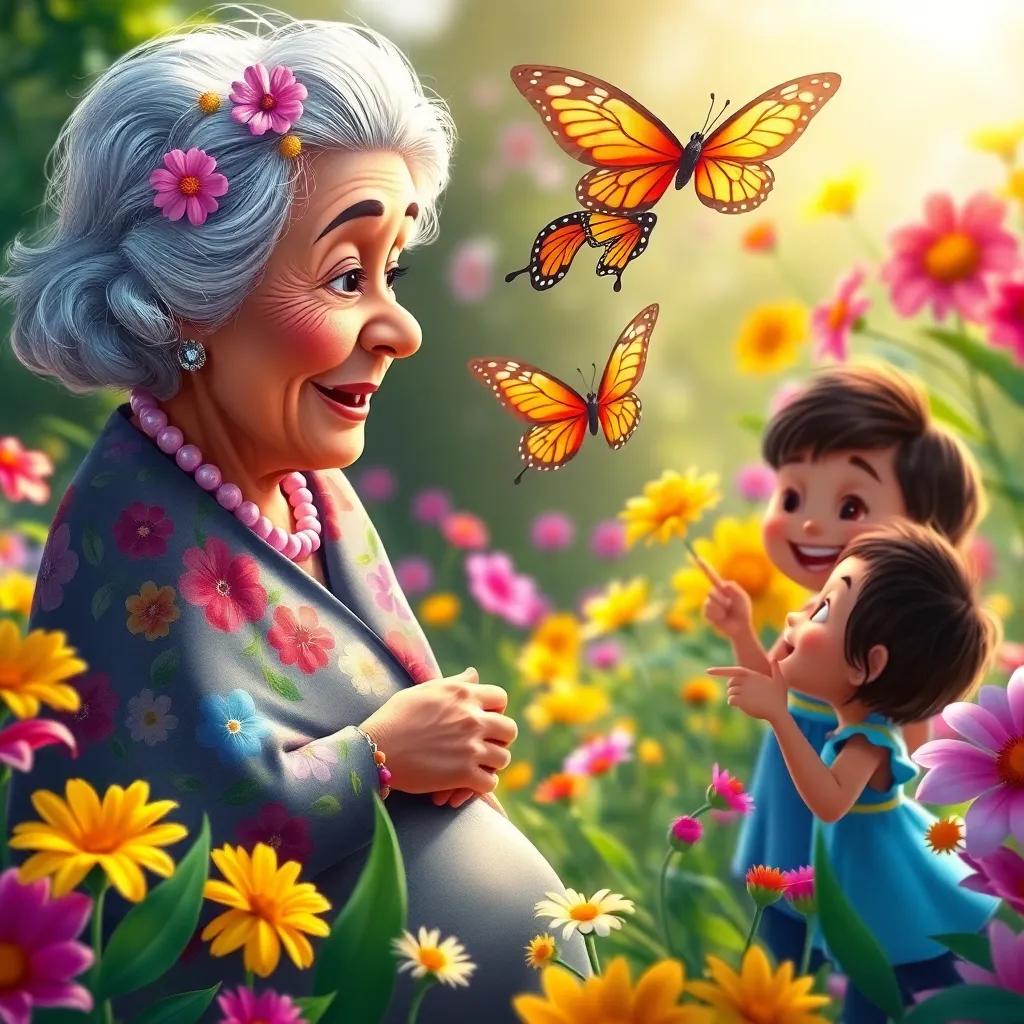 An abuela, with silver hair, in a floral shawl, narrating about a colorful butterfly flying above a garden, children laughing and pointing, brightly colored flowers surrounding, cheerful and lively atmosphere