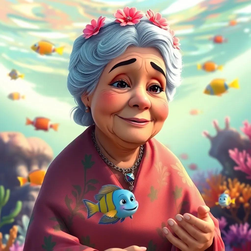 An abuela, with silver hair, wearing a floral shawl, telling a story about a small fish swimming happily in a reef, depicting underwater life with colorful fish, vibrant, sunny underwater scene, child-friendly