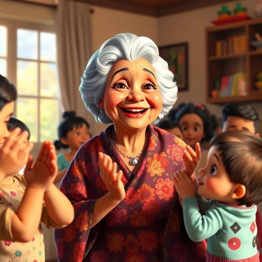 An abuela, with silver hair, in a floral shawl, smiling as children clap and cheer in her sunny living room, vibrant colors, warm and cozy environment, heartwarming scene