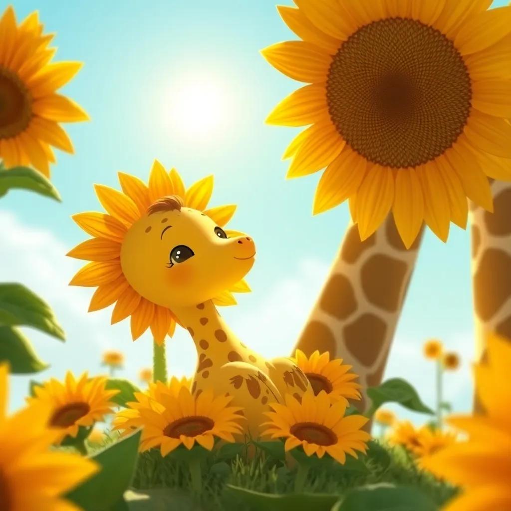 Solito el girasol pequeño estirándose bajo el sol, rodeado de girasoles altos que lo miran sonriendo, ilustración, alegre, temática de amistad, colorido