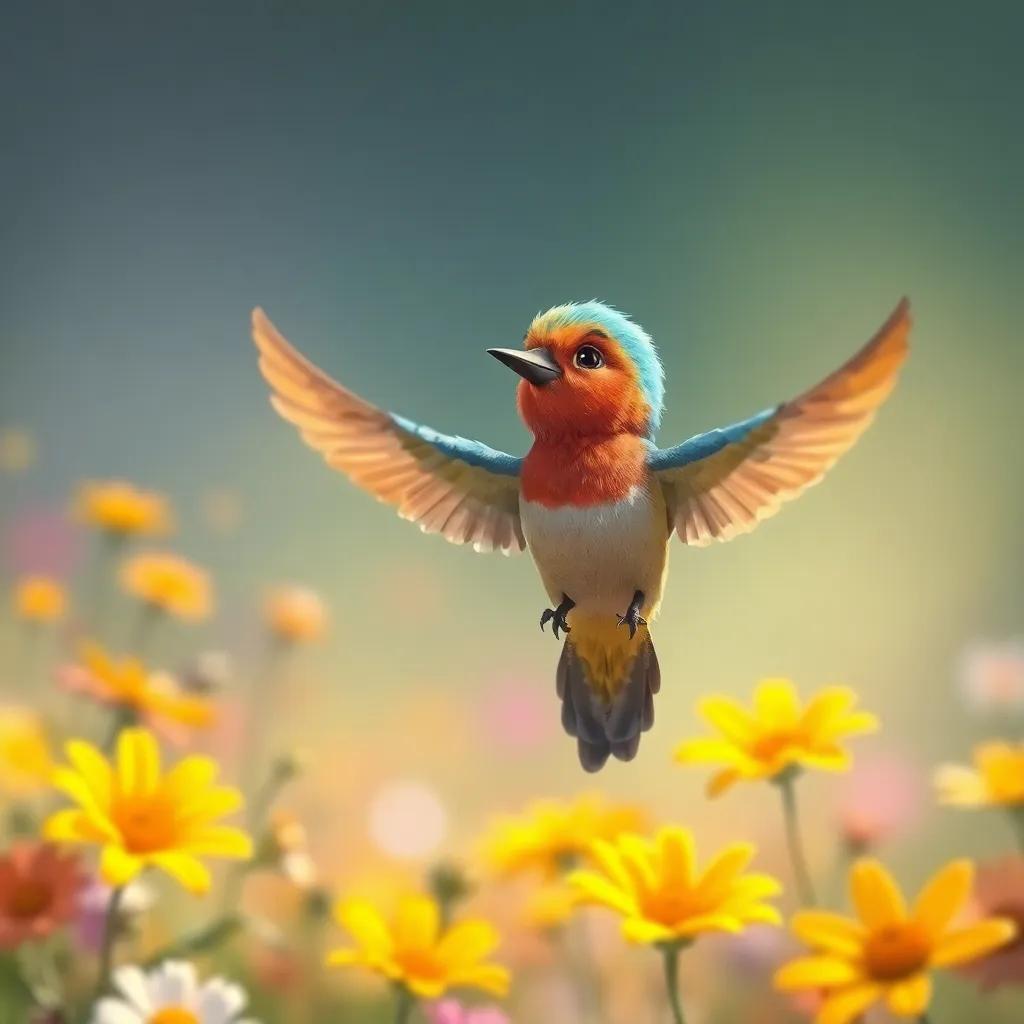 Un pequeño pájaro colorido volando cerca de Solito, quien observa feliz a su alrededor, con flores de varios colores en el fondo, digital painting, colorido, alegre