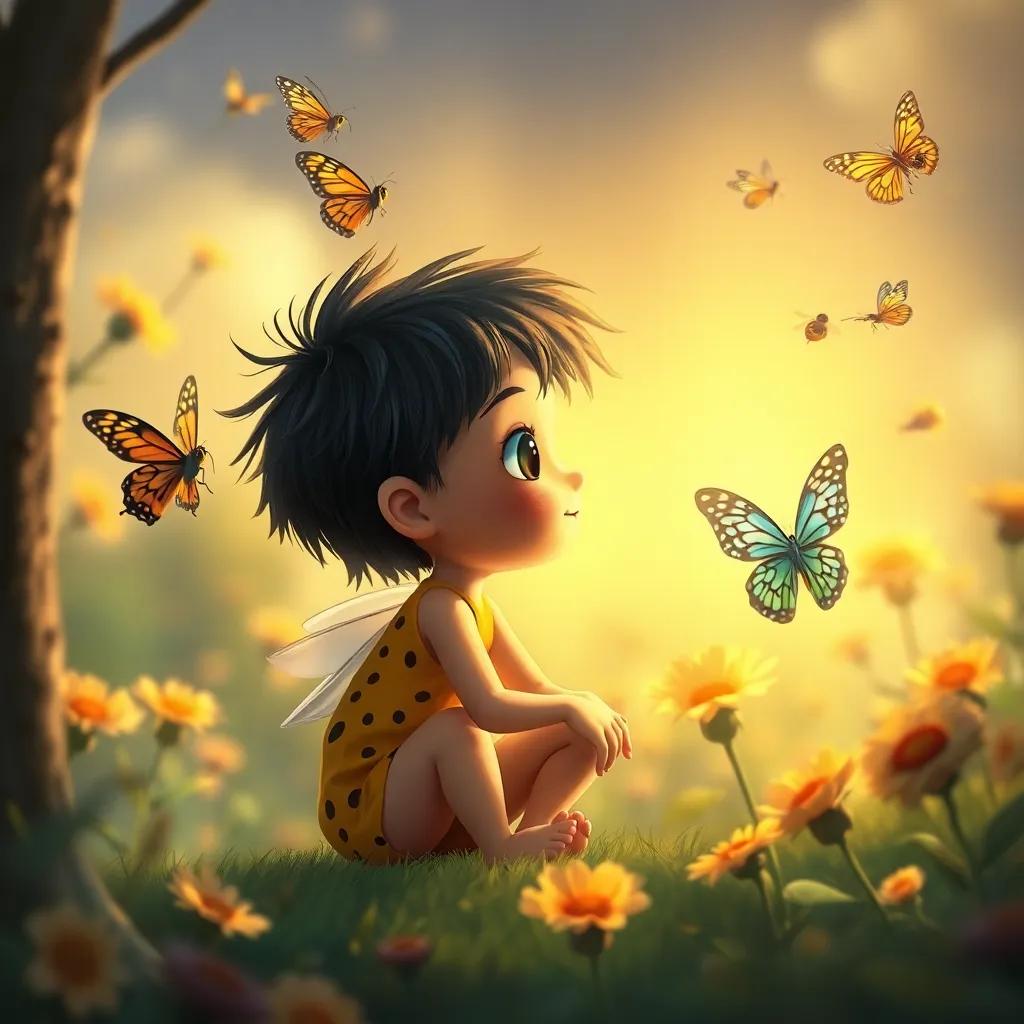 Solito mirando a su alrededor con asombro, con mariposas danzando en el aire y abejas zumbando, ilustración, detallada, alegre