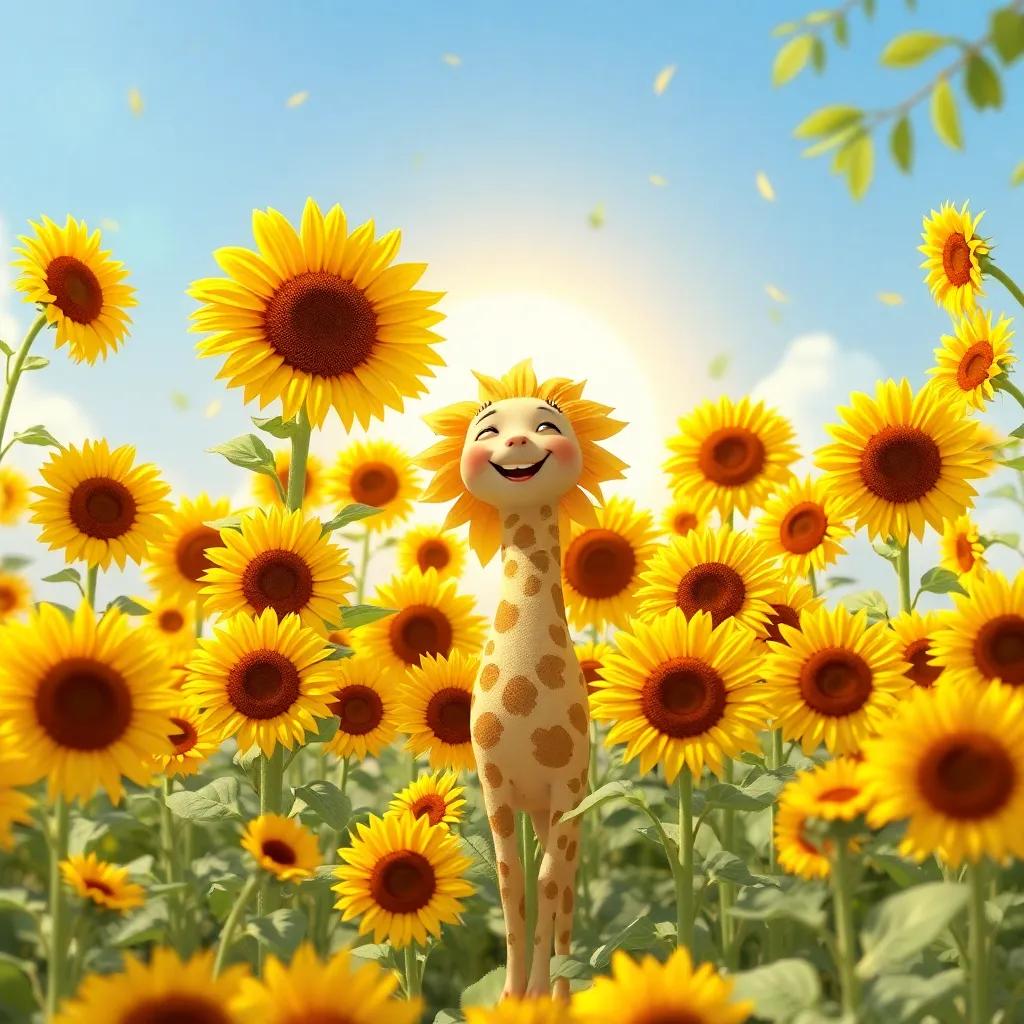 Solito el girasol, rodeado de un jardín lleno de girasoles de diferentes alturas, todos sonriendo y celebrando, arte digital, colores cálidos, ambiente festivo, amistad