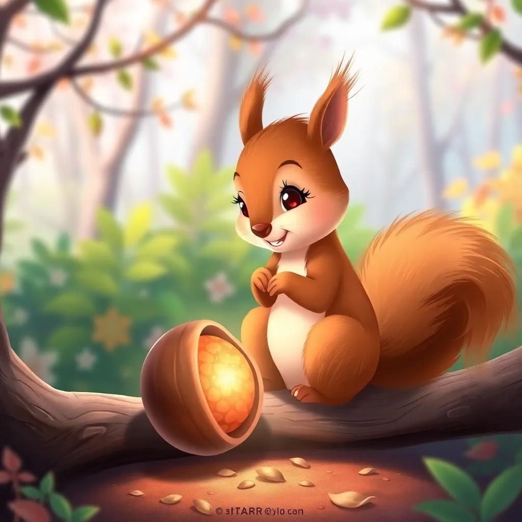 A cute brown squirrel, Lila, with soft fur, sitting on a branch, looking at a shiny, magical walnut on the ground, bright forest background, colorful illustration, cheerful atmosphere, child-friendly, high quality