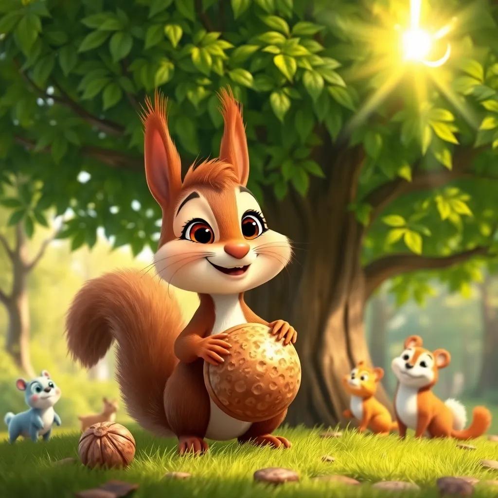 Lila the squirrel smiling, holding the shiny walnut, with a big green tree growing in the background, sun shining through the leaves, friendly animals watching, whimsical style, bright colors, high quality