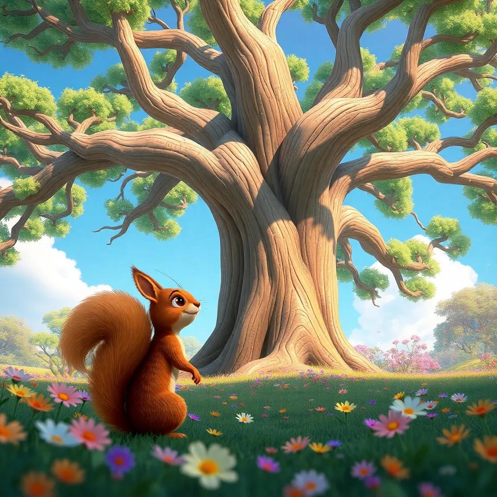 A large, beautiful tree with strong branches, and Lila, the cute brown squirrel, looking at it from below, surrounded by a clear blue sky and colorful flowers, digital art, vibrant atmosphere, happy feeling