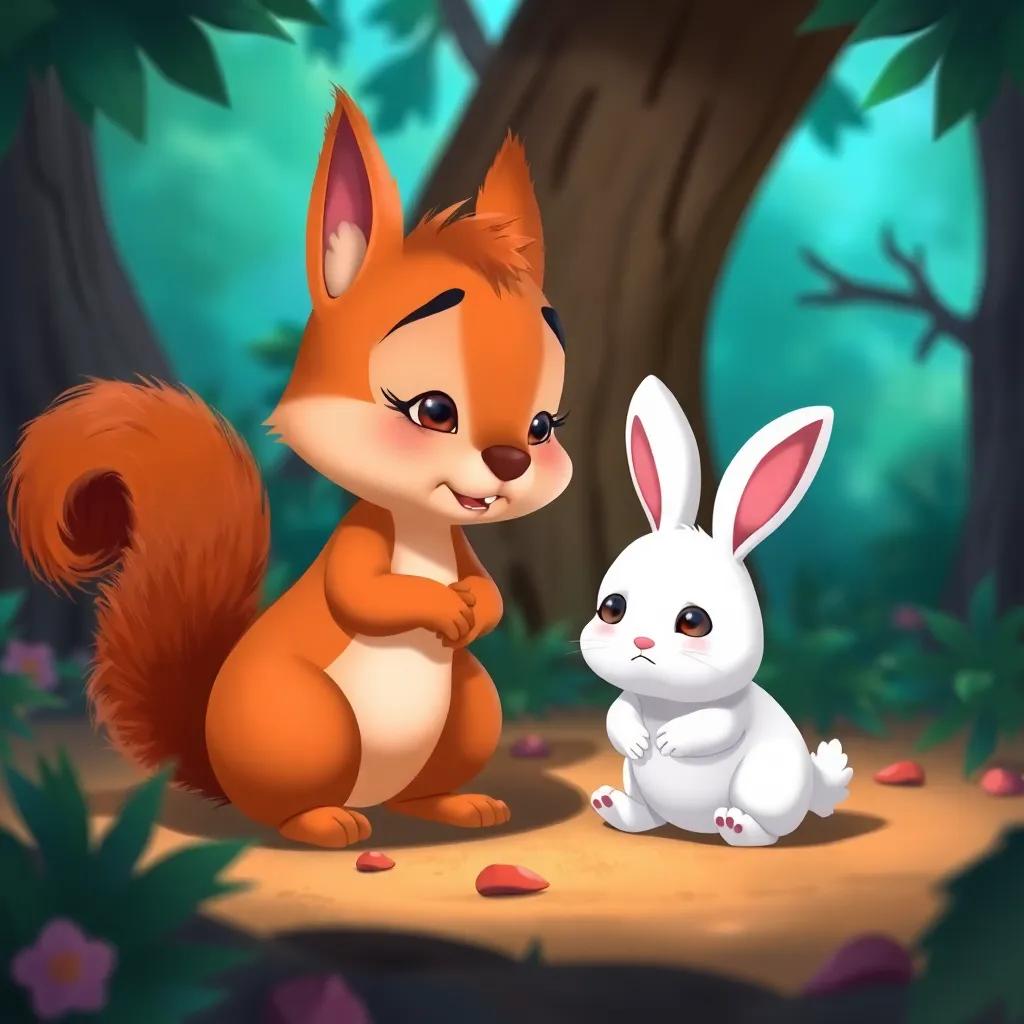 Lila the squirrel hearing a crying sound, a sad white rabbit in a cozy forest scene, Lila looking concerned, gentle colors, heartwarming, digital illustration, inviting atmosphere, high quality