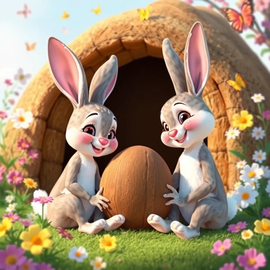 Lila and Conejo, the rabbit, sitting together with the magical walnut, smiling at each other in front of a cozy burrow, surrounded by flowers and butterflies, cheerful, child-friendly style, vibrant colors, high quality