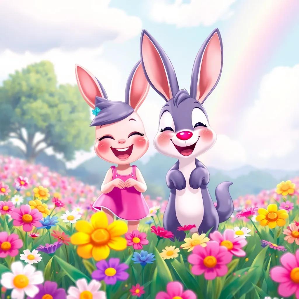 Lila and Conejo playing together in a beautiful flower field, happy expressions on their faces, rainbow in the background, bright and cheerful atmosphere, illustration, vibrant colors, high quality