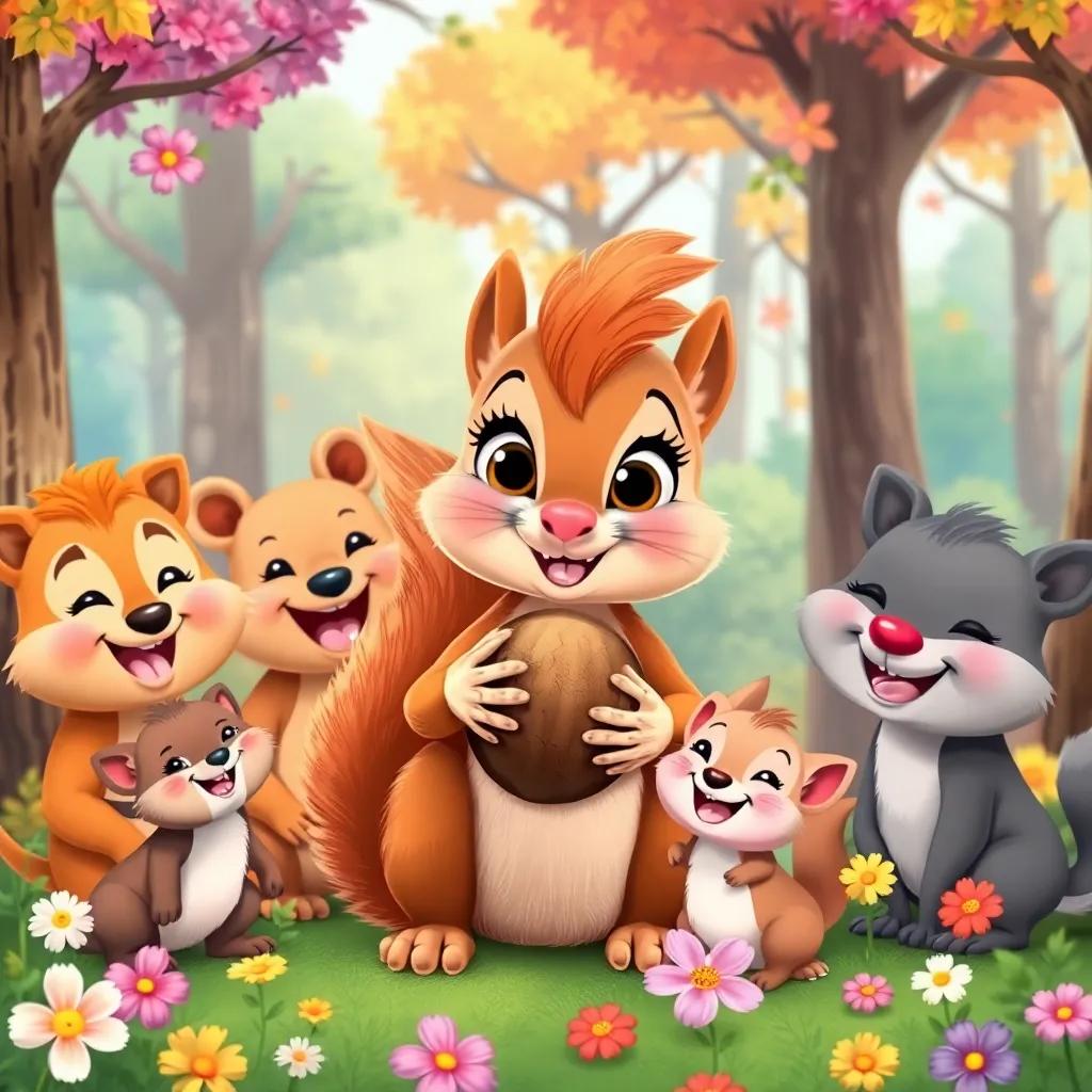 Lila the squirrel sharing her walnut with a group of friendly forest animals, all smiling and happy, colorful trees and flowers surrounding them, joyful scene, vibrant illustration, child-friendly