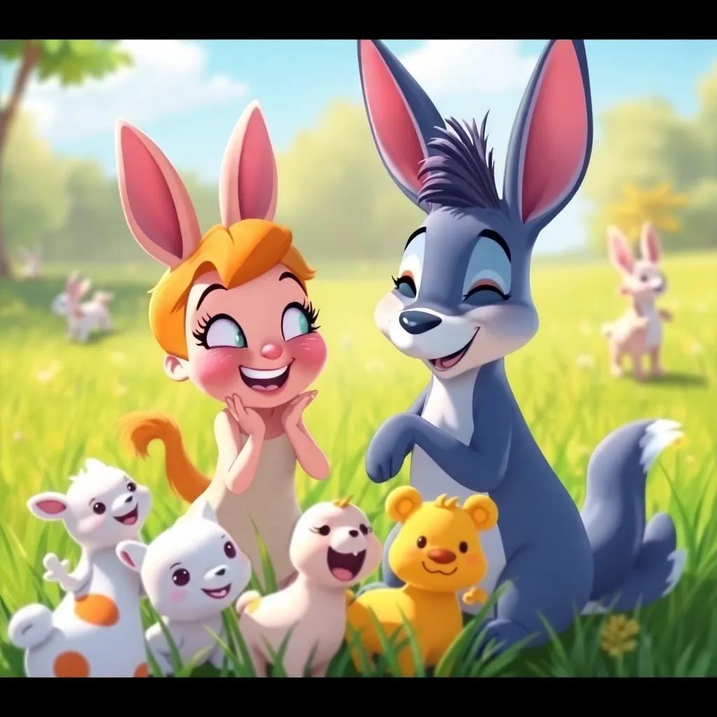 Lila and Conejo happily playing hide and seek in the field, surrounded by their animal friends, sunny day, laughter in the air, cheerful and bright colors, illustration, high quality