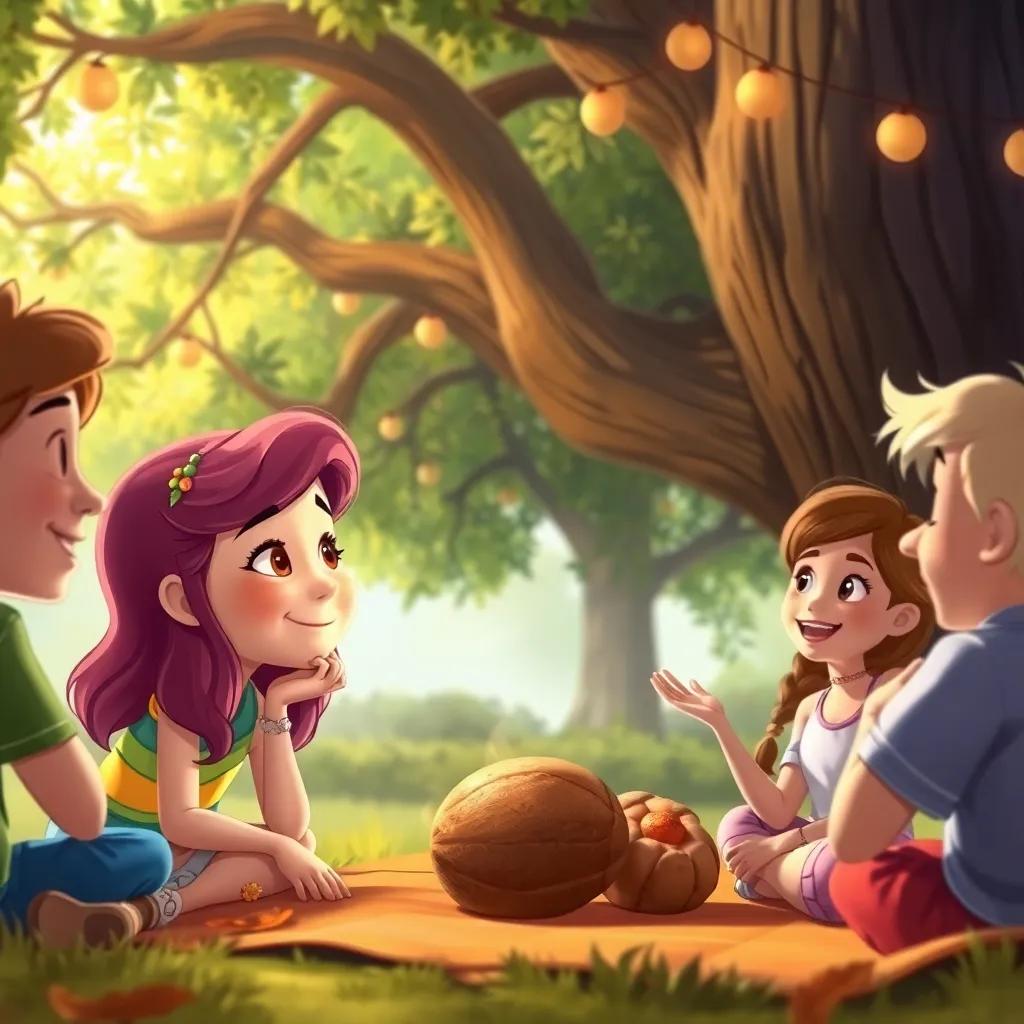 Lila looking at the magical walnut, smiling softly, while surrounded by her friends enjoying a picnic under the big tree, warm colors, happy scene, digital art, inviting atmosphere