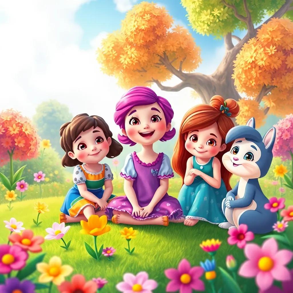 Lila and her friends looking joyful, sitting together in a circle, with vibrant flowers and trees around, a bright sky overhead, magical and warm atmosphere, child-friendly, colorful illustration.