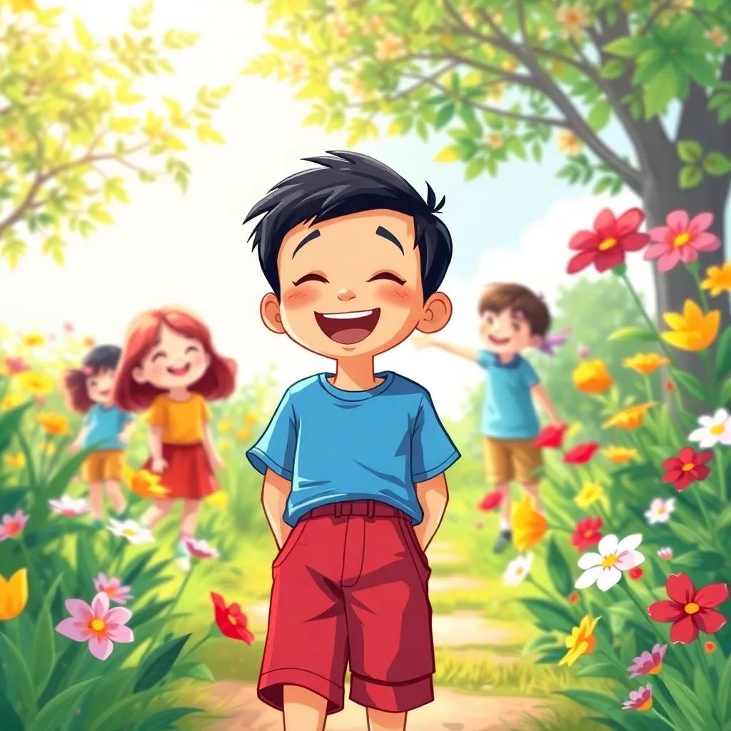 A lively young boy, Alejandro, with short black hair wearing a blue t-shirt and red shorts, laughing with his friends in a beautiful garden with colorful flowers, joyful atmosphere, bright sunlight, high quality