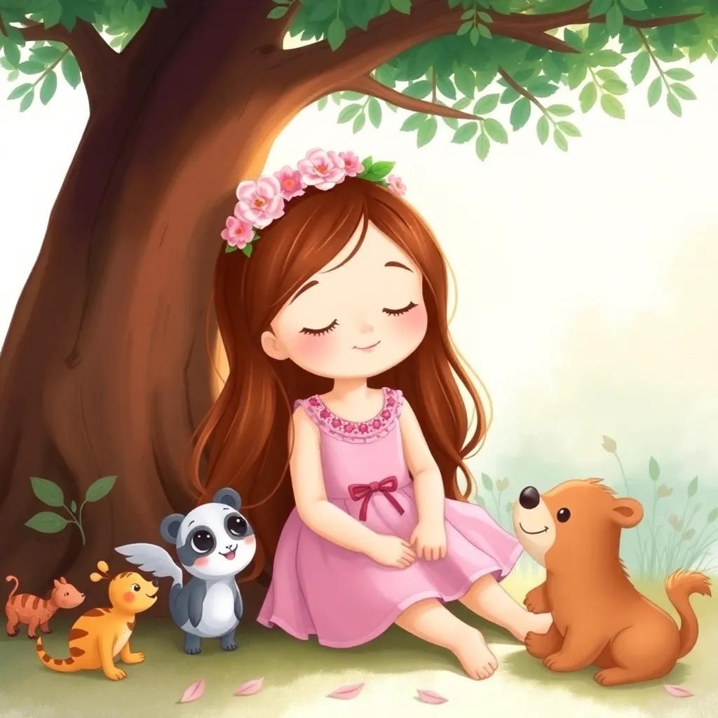 A peaceful girl, Nicol, with long brown hair wearing a pink dress and flower crown, sitting under a tree with a gentle smile, surrounded by playful friends, soft lighting, serene surroundings, child-friendly