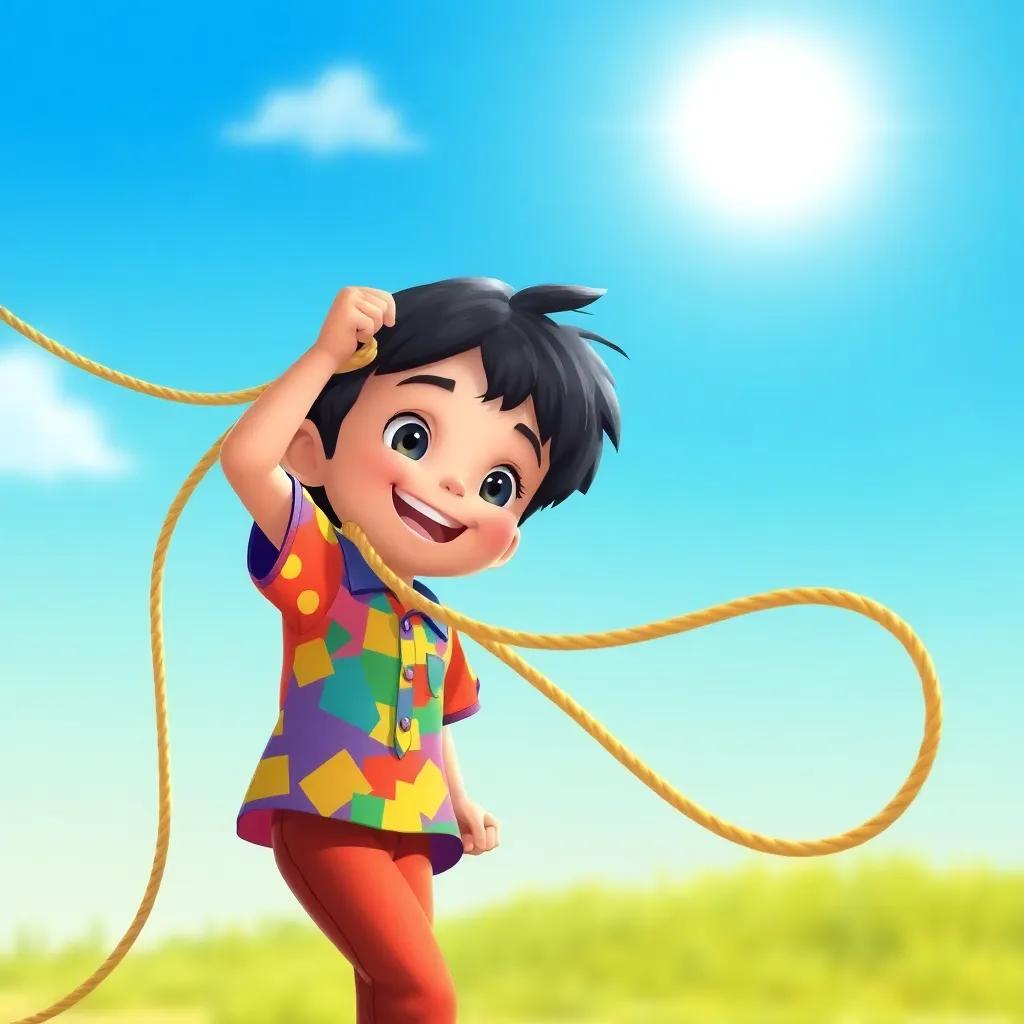 A young boy, Antoñito López, with short black hair, wearing a colorful shirt and pants, playing with a long rope under a sunny blue sky, cheerful atmosphere, digital illustration, vibrant colors, high quality