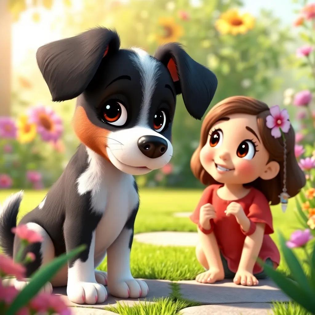 A clumsy puppy, Cigarra, with black fur and white spots, looking at her friend María Laura, a pretty and smart girl, in a sunny garden, cheerful atmosphere, vibrant colors, high quality