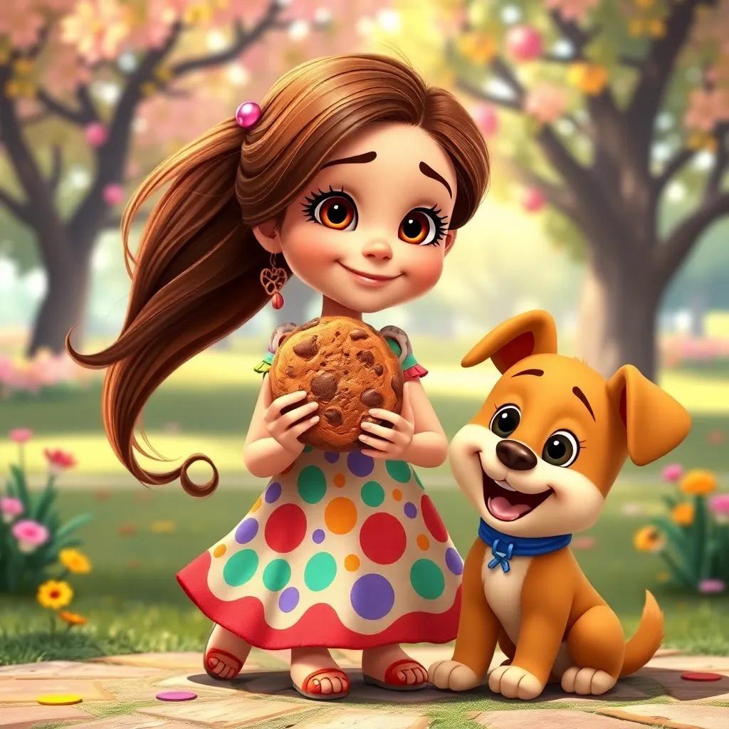 María Laura, a pretty smart girl, with long brown hair and a colorful dress, holding a big cookie, with a happy clumsy puppy, Cigarra, near her, smiling, in a joyful park, bright colors, magical feeling, high quality