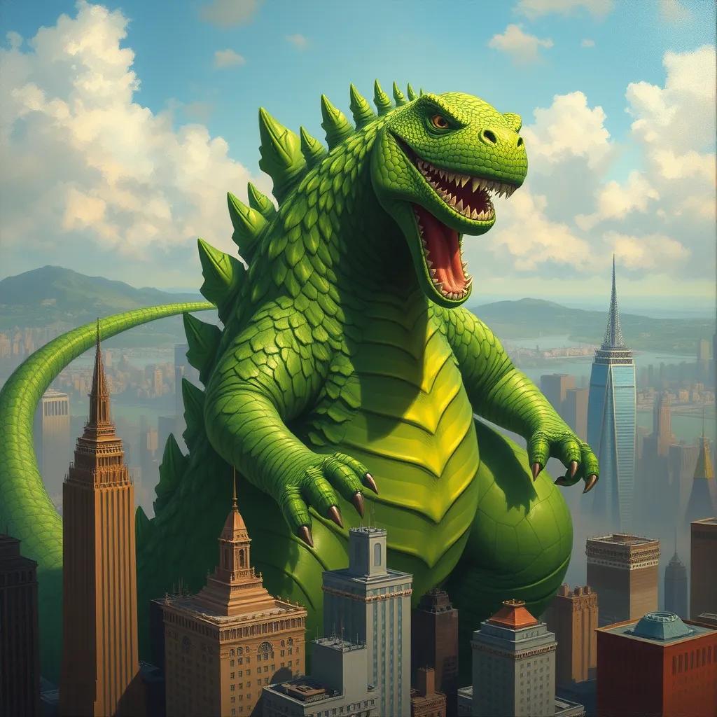 Godzilla appears suddenly, towering over the city, looking playful with bright green scales and a friendly expression