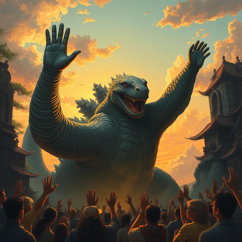 Godzilla waves goodbye with a big smile, people below cheering and waving in the background, sunset sky