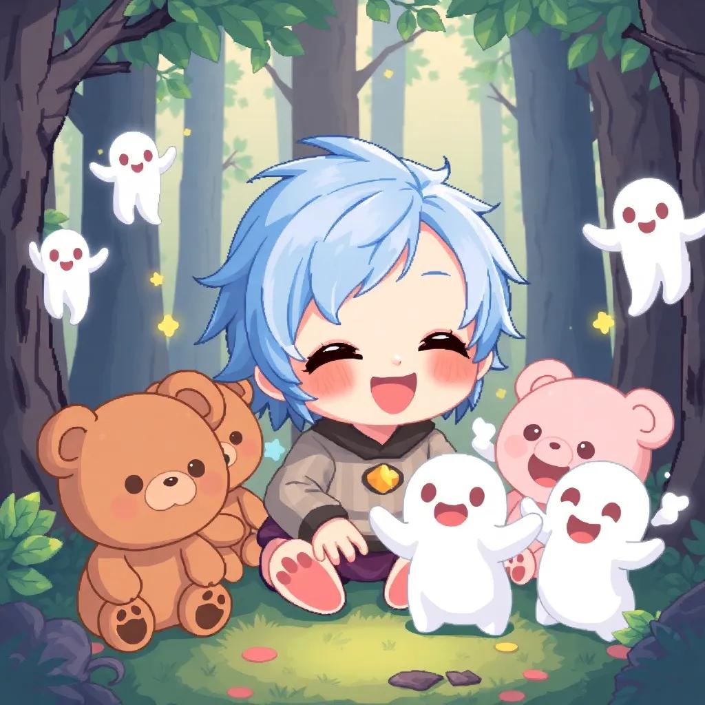 A blue-haired baby humanoid named Hiroshi, surrounded by cute teddy bears and playful spirits with ghostly hands, smiling and laughing in a whimsical forest, bright colors, magical vibe, playful scene