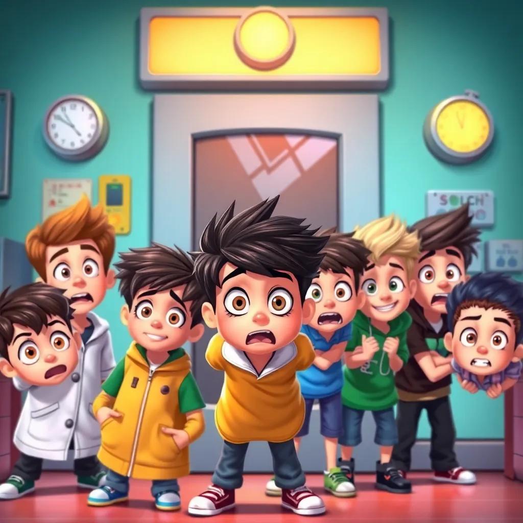 A group of six boys with diverse looks, looking scared yet determined in front of a laboratory door, colorful setting, dynamic action pose, digital art, cheerful atmosphere, bright colors, high quality
