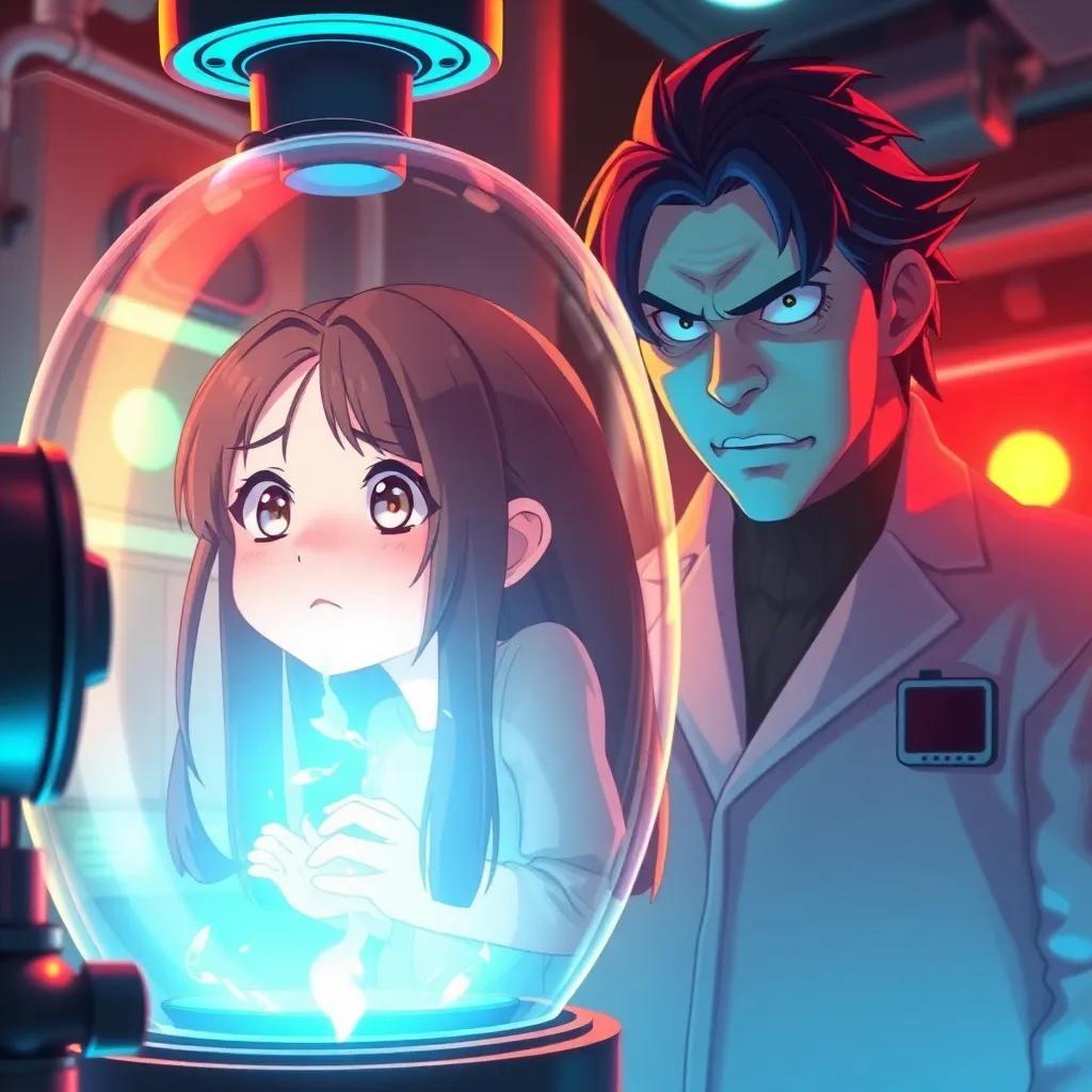 A young girl named Izumi, with long hair, appearing confused inside a glowing capsule in a lab, while a mysterious man named Okaru in a lab coat offers a sinister look, bright lights, vibrant colors, dynamic scene, high quality