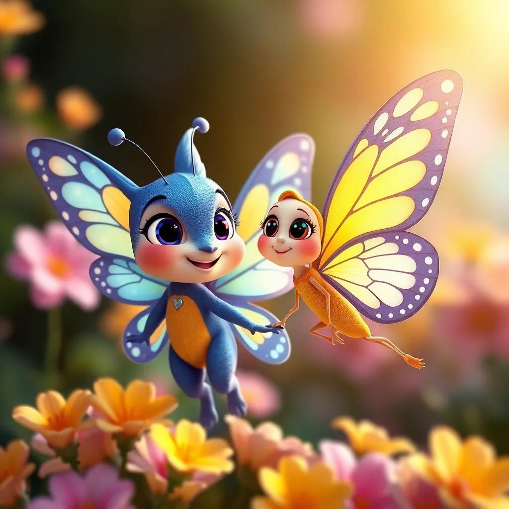 Lila la ardilla, con su amiga Bella, una mariposa de alas azules y amarillas, preparándose para aventurarse, sonriendo y con un fondo de flores brillantes, digital art, luminoso, optimista, perspectiva de amistad, alta calidad