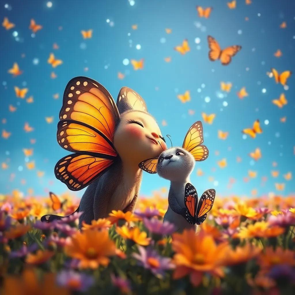 Lila la ardilla y Bella observando un campo lleno de mariposas de colores, con un cielo azul brillante, Lila sonriendo y disfrutando del paisaje, digital art, colorido, vibrante, perspectiva festiva, alta calidad