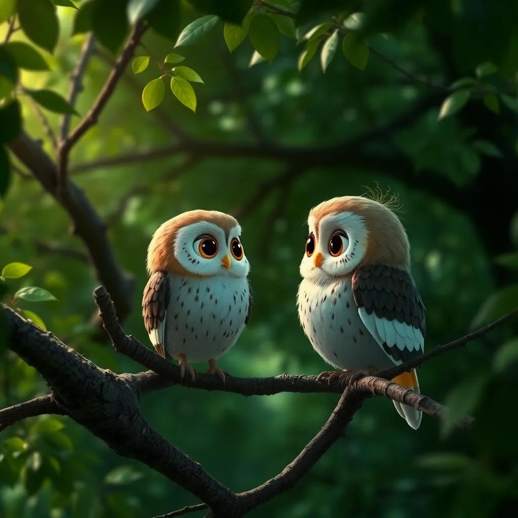 Un búho sabio con plumas marrones y grandes ojos, hablando con Lila y Bella en un árbol, fondo de un bosque verde oscuro, digital art, sereno, místico, perspectiva de encuentro, alta calidad