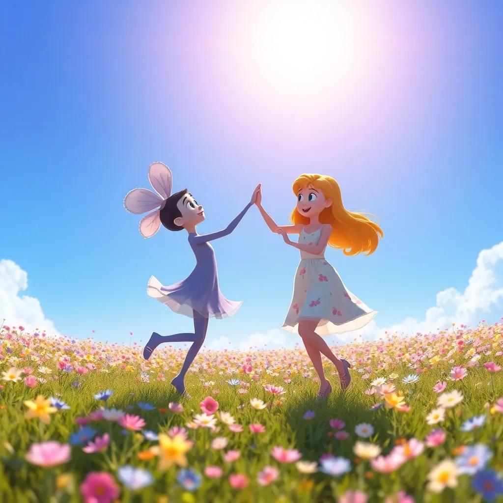 Lila la ardilla y Bella danzando juntas en un campo lleno de flores, con un cielo azul y el sol brillando, digital art, alegre, encantadora, perspectiva de felicidad, alta calidad